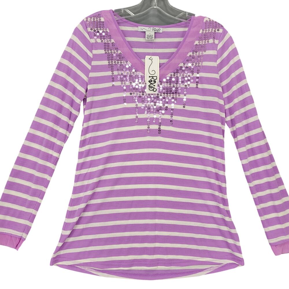 RXB Purple Stripe Sequin Shirt NEW$58 V-Neck Tee Classic Long Sleeve Women S Top